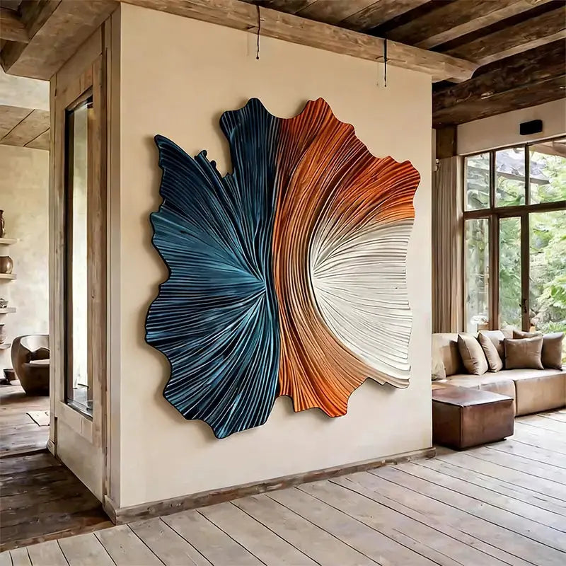 Dark blue & Terracotta 3D Wood Sculpture Wall Decor Unique Fan Shape Artmeto Wood wall art