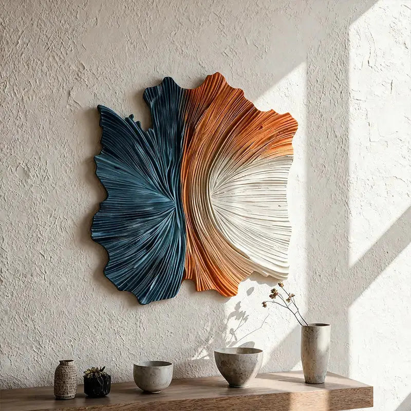 Dark blue & Terracotta 3D Wood Sculpture Wall Decor Unique Fan Shape Artmeto Wood wall art