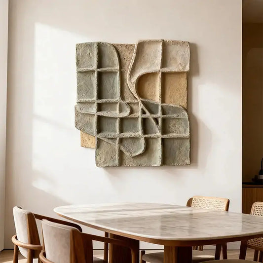 Dusty Sage & Sand Beige Broken Grid Organic 3D Relief Wall Art Artmeto Wood wall art-1