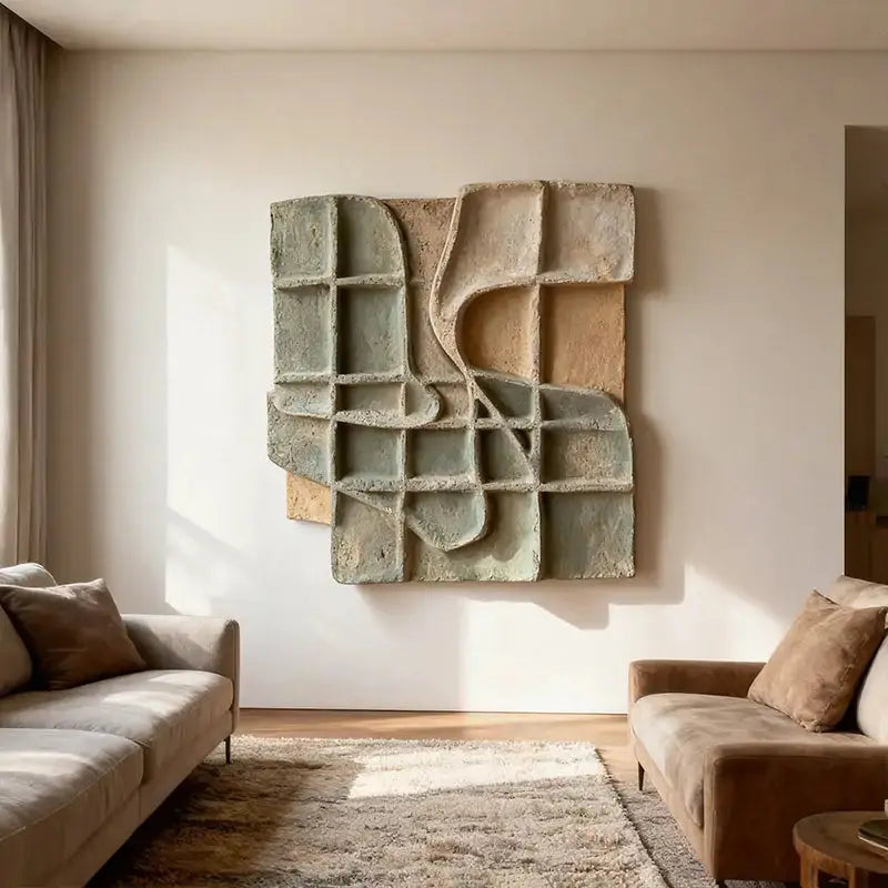 Dusty Sage & Sand Beige Broken Grid Organic 3D Relief Wall Art Artmeto Wood wall art-3