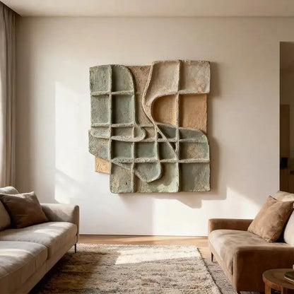 Dusty Sage & Sand Beige Broken Grid Organic 3D Relief Wall Art Artmeto Wood wall art-3
