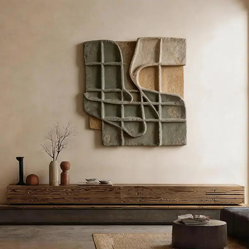 Dusty Sage & Sand Beige Broken Grid Organic 3D Relief Wall Art Artmeto Wood wall art-8