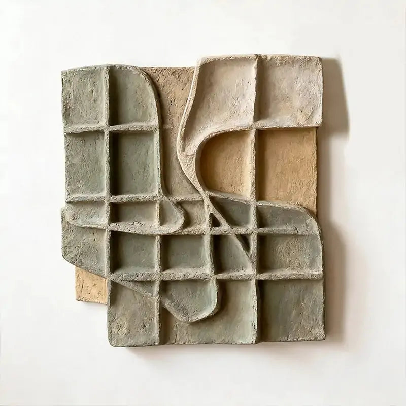 Dusty Sage & Sand Beige Broken Grid Organic 3D Relief Wall Art Artmeto Wood wall art-10