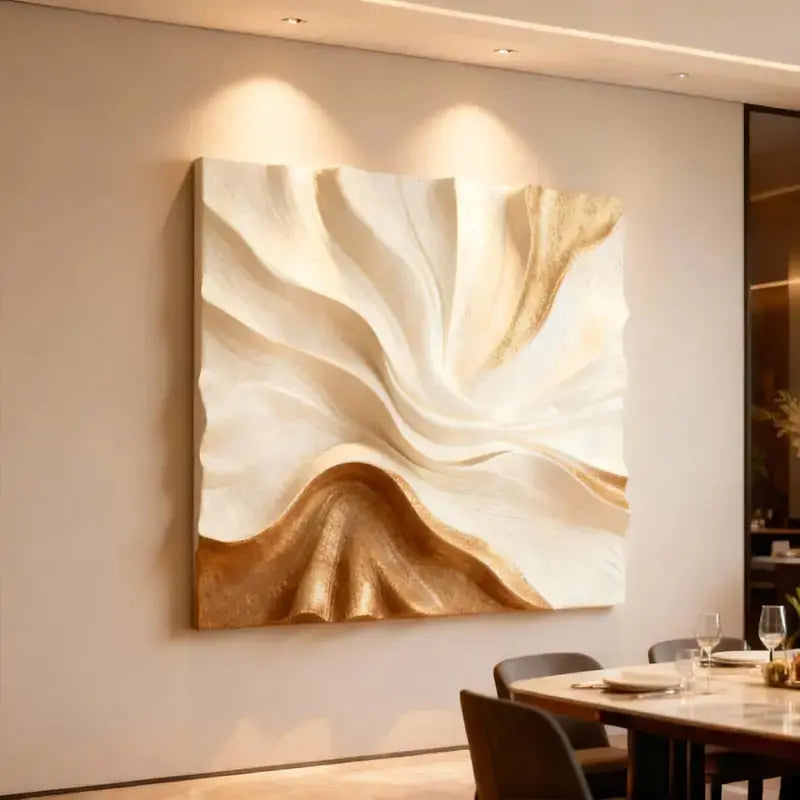 Elegant Cream & Gold Flow Textured Sculptural Wall Decor Artmeto Wood wall art