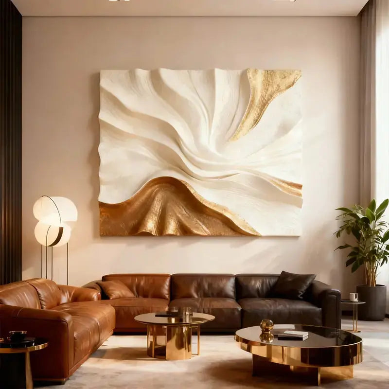 Elegant Cream & Gold Flow Textured Sculptural Wall Decor Artmeto Wood wall art