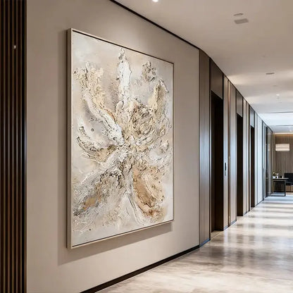 Elegant Soft Cream & Taupe Abstract Textured Oil Painting Artmeto Wood wall art
