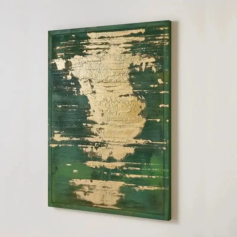Emerald Green Gold Leaf Abstract Oil Painting - Textured Modern Luxury Wall Art for Home Decor Artmeto Wood wall art