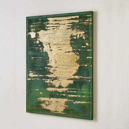 Emerald Green Gold Leaf Abstract Oil Painting - Textured Modern Luxury Wall Art for Home Decor Artmeto Wood wall art