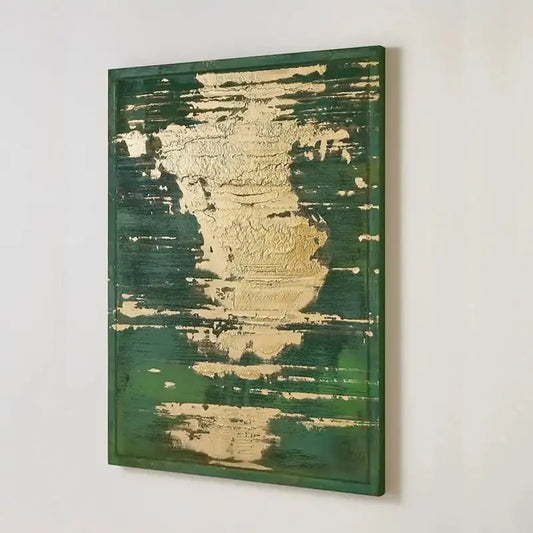 Emerald Green Gold Leaf Abstract Oil Painting - Textured Modern Luxury Wall Art for Home Decor Artmeto Wood wall art