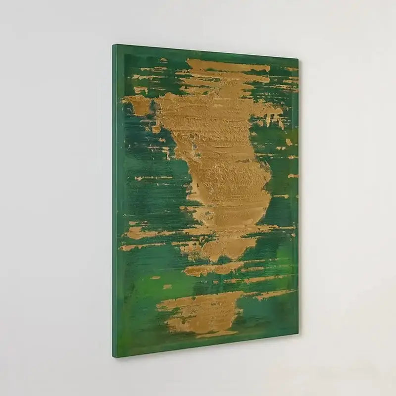 Emerald Green Gold Leaf Abstract Oil Painting - Textured Modern Luxury Wall Art for Home Decor Artmeto Wood wall art