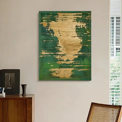Emerald Green Gold Leaf Abstract Oil Painting - Textured Modern Luxury Wall Art for Home Decor Artmeto Wood wall art