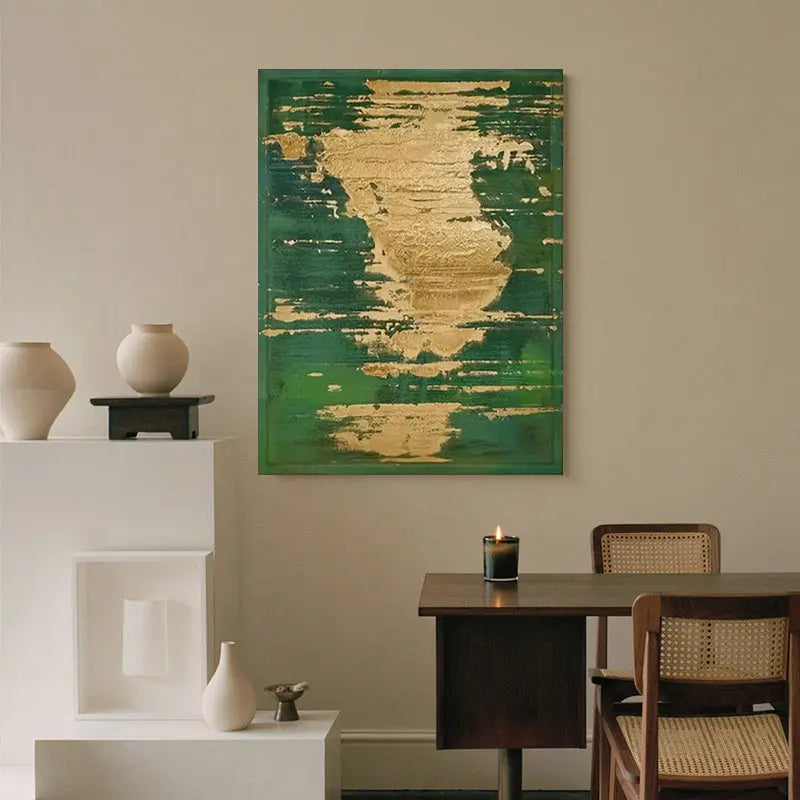 Emerald Green Gold Leaf Abstract Oil Painting - Textured Modern Luxury Wall Art for Home Decor Artmeto Wood wall art