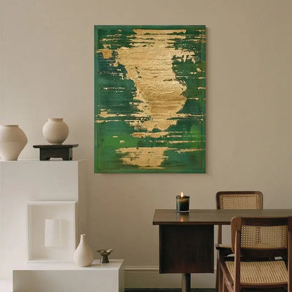 Emerald Green Gold Leaf Abstract Oil Painting - Textured Modern Luxury Wall Art for Home Decor Artmeto Wood wall art