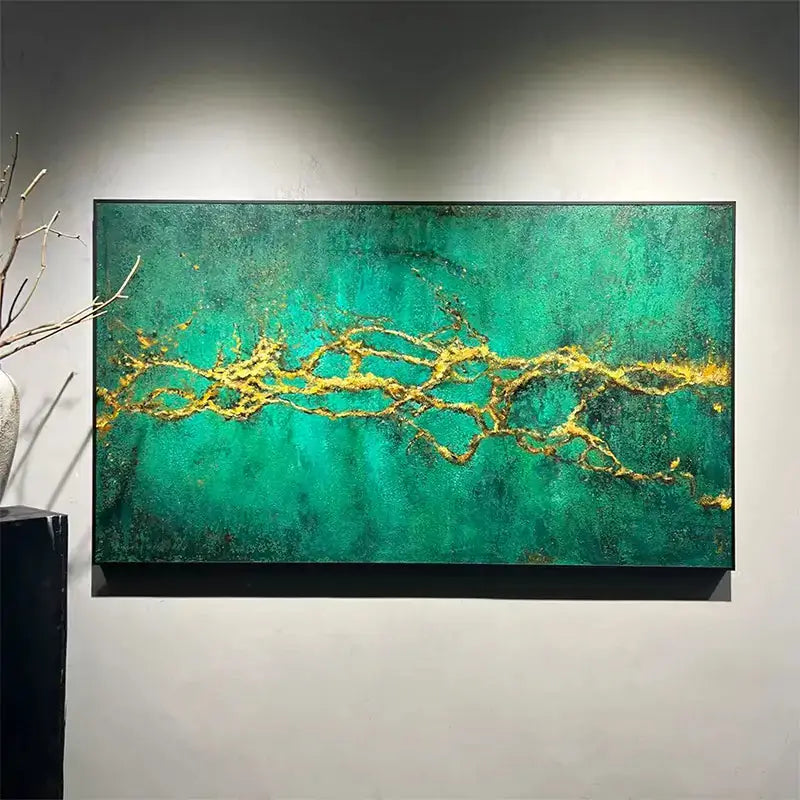 Emerald Green & Gold Textured Wall Art - Modern Minimalist Home Decor Artmeto Wood wall art