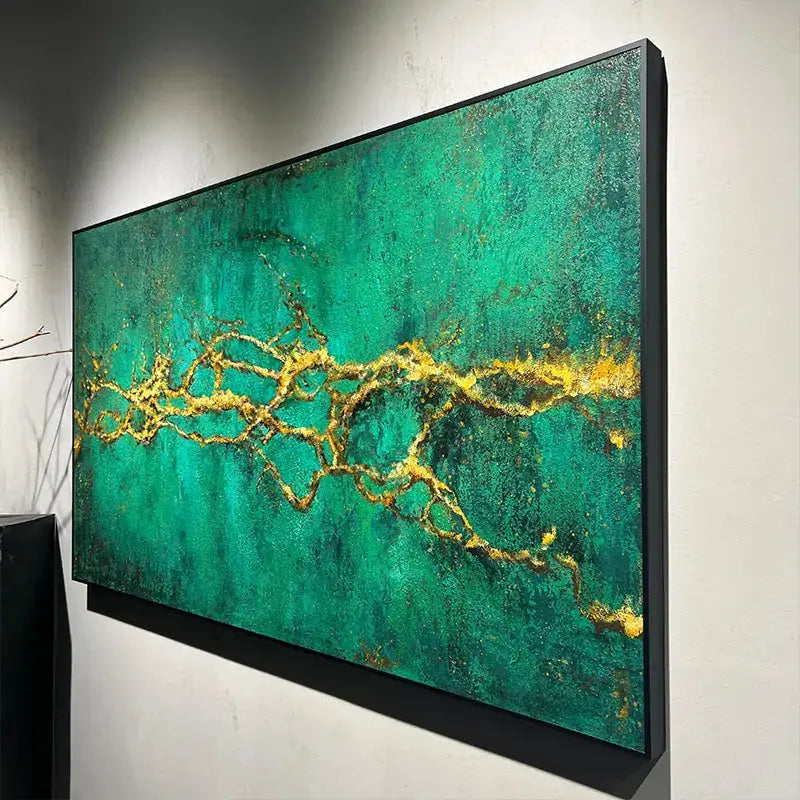 Emerald Green & Gold Textured Wall Art - Modern Minimalist Home Decor Artmeto Wood wall art