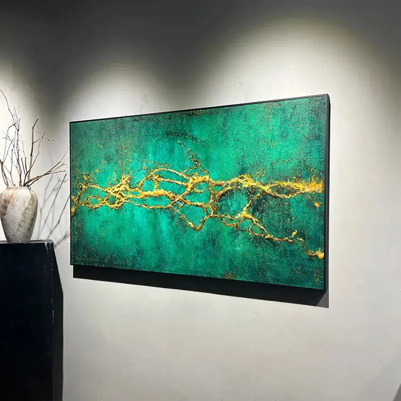 Emerald Green & Gold Textured Wall Art - Modern Minimalist Home Decor Artmeto Wood wall art