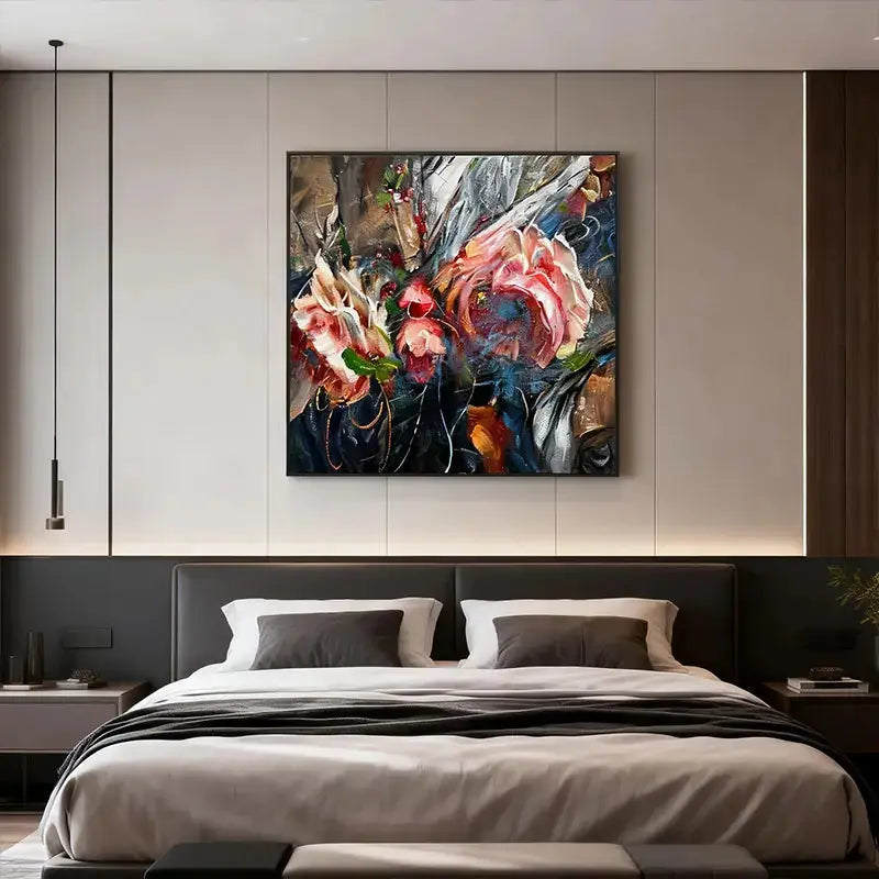 Expressive Blooming Floral & Indigo Abstract Textured Romantic Wall Decor Artmeto Wood wall art