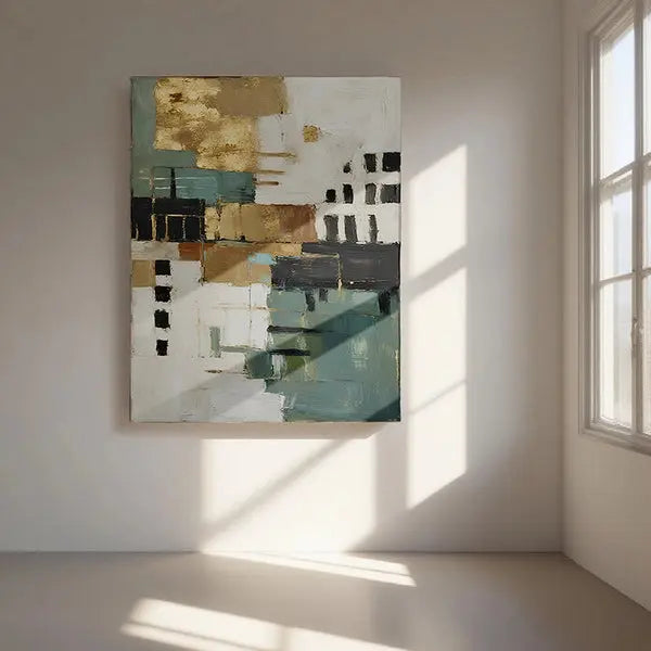 Geometric Neutral Abstract Canvas-Teal Gold Wall Decor-Artmeto Artmeto Wood wall art