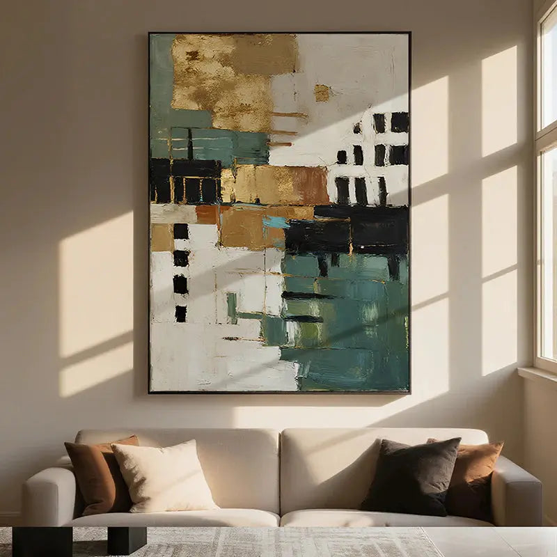 Geometric Neutral Abstract Canvas-Teal Gold Wall Decor-Artmeto Artmeto Wood wall art