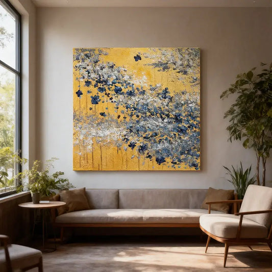 Gold Leaf & Blue Flower Wall Decor Modern Textured Oil Painting Artmeto Wood wall art