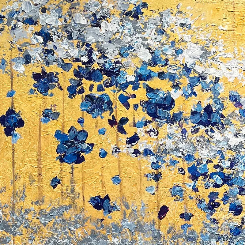 Gold Leaf & Blue Flower Wall Decor Modern Textured Oil Painting Artmeto Wood wall art