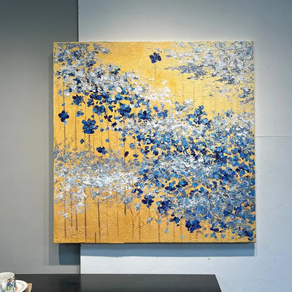 Gold Leaf & Blue Flower Wall Decor Modern Textured Oil Painting Artmeto Wood wall art