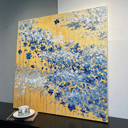 Gold Leaf & Blue Flower Wall Decor Modern Textured Oil Painting Artmeto Wood wall art