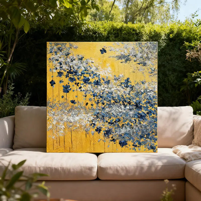 Gold Leaf & Blue Flower Wall Decor Modern Textured Oil Painting Artmeto Wood wall art