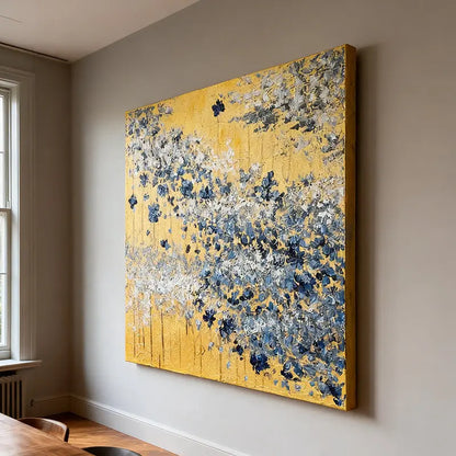 Gold Leaf & Blue Flower Wall Decor Modern Textured Oil Painting Artmeto Wood wall art