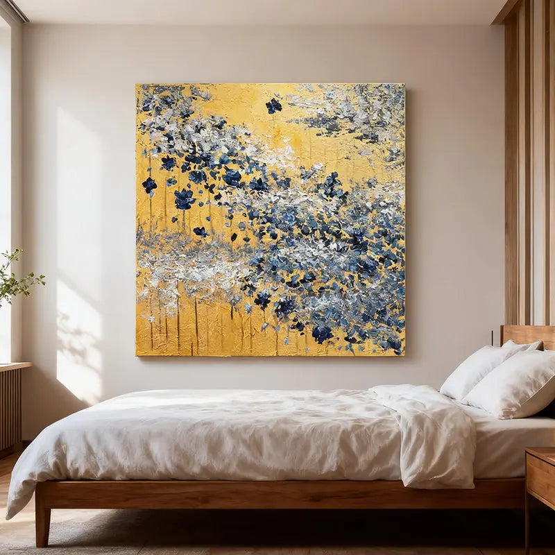 Gold Leaf & Blue Flower Wall Decor Modern Textured Oil Painting Artmeto Wood wall art