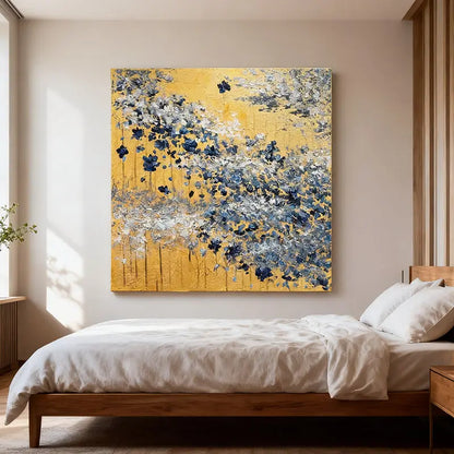 Gold Leaf & Blue Flower Wall Decor Modern Textured Oil Painting Artmeto Wood wall art