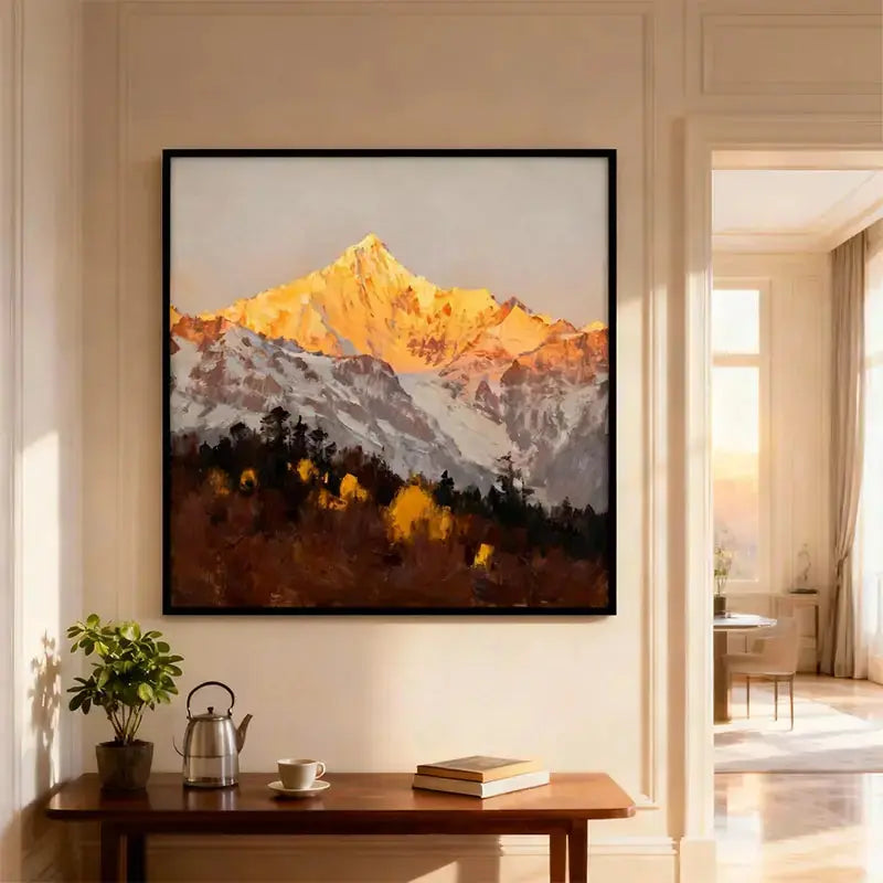 Golden Mountain Landscape Oil Painting - Textured Snowy Peak Wall Art for Home Decor Artmeto Wood wall art