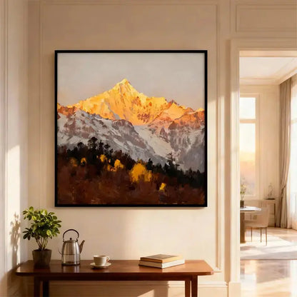 Golden Mountain Landscape Oil Painting - Textured Snowy Peak Wall Art for Home Decor Artmeto Wood wall art