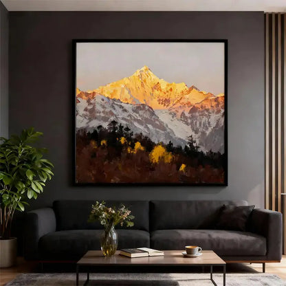 Golden Mountain Landscape Oil Painting - Textured Snowy Peak Wall Art for Home Decor Artmeto Wood wall art