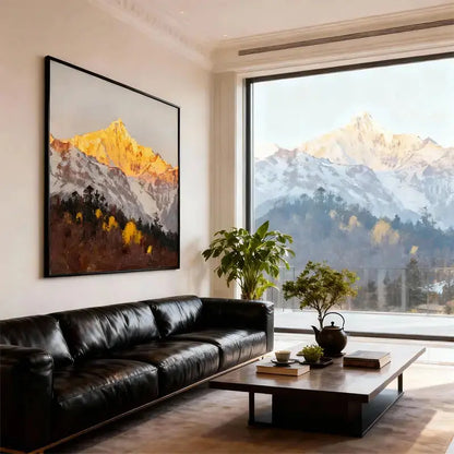 Golden Mountain Landscape Oil Painting - Textured Snowy Peak Wall Art for Home Decor Artmeto Wood wall art