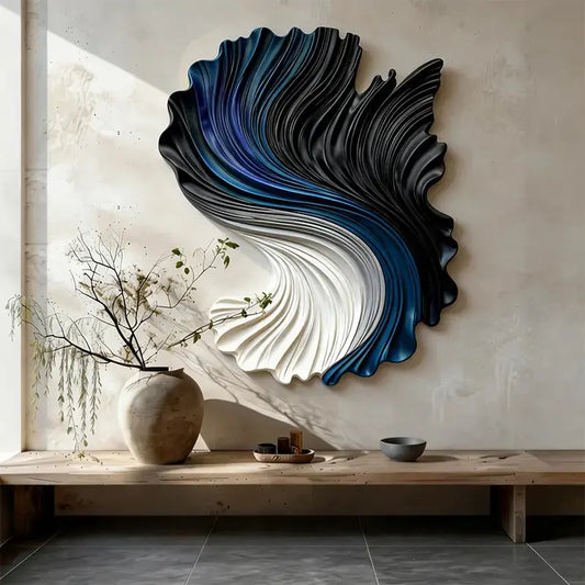 Gradient Ocean Current Swirl Sculptural Wall Decor | Black Blue White Wave Wall Art Artmeto Wood wall art-1