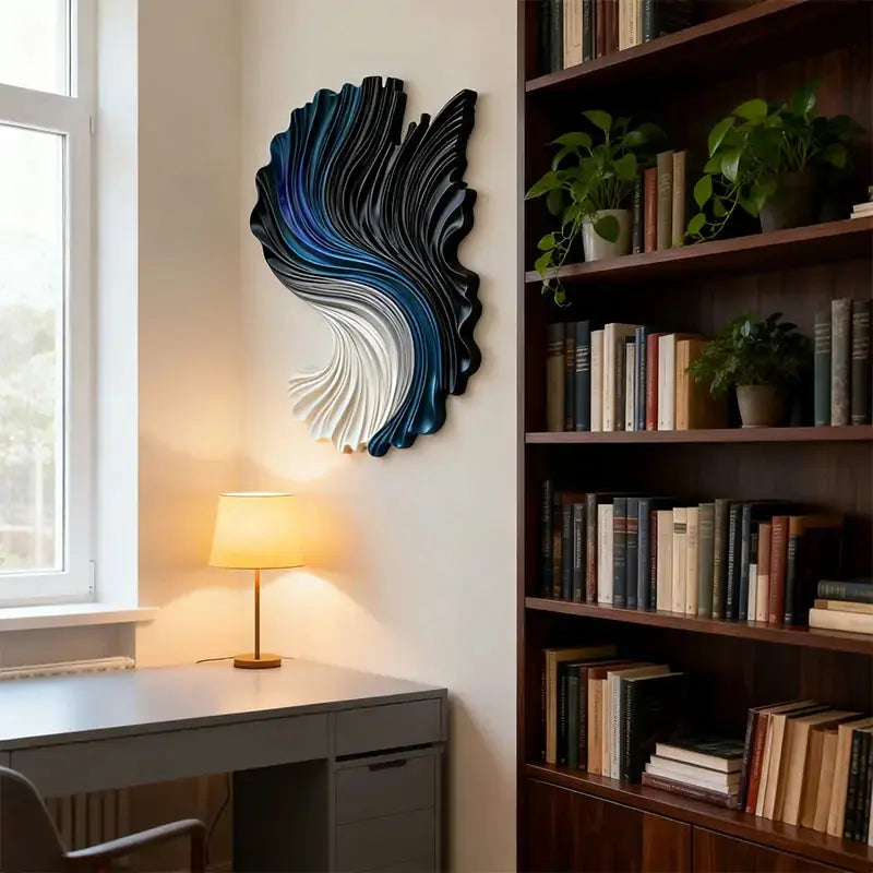 Gradient Ocean Current Swirl Sculptural Wall Decor | Black Blue White Wave Wall Art Artmeto Wood wall art-3