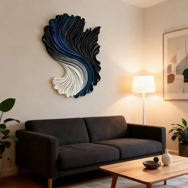 Gradient Ocean Current Swirl Sculptural Wall Decor | Black Blue White Wave Wall Art Artmeto Wood wall art-4