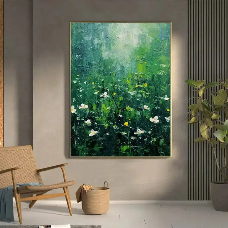 Green White Abstract Wildflower Meadow Canvas Art-Artmeto Artmeto Wood wall art