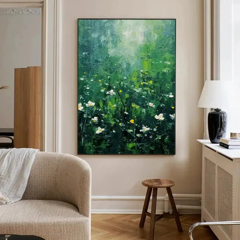 Green White Abstract Wildflower Meadow Canvas Art-Artmeto Artmeto Wood wall art