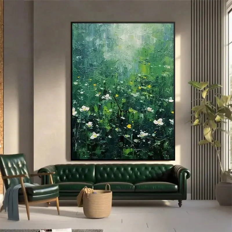 Green White Abstract Wildflower Meadow Canvas Art-Artmeto Artmeto Wood wall art