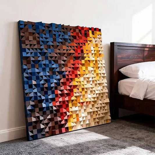Handcrafted Geometric Wood Mosaic - Blue Red Yellow Gradient 3D Wall Sculpture Artmeto Wood wall art