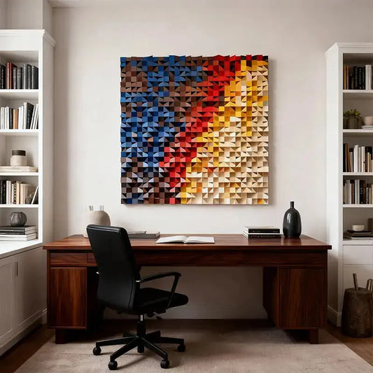 Handcrafted Geometric Wood Mosaic - Blue Red Yellow Gradient 3D Wall Sculpture Artmeto Wood wall art