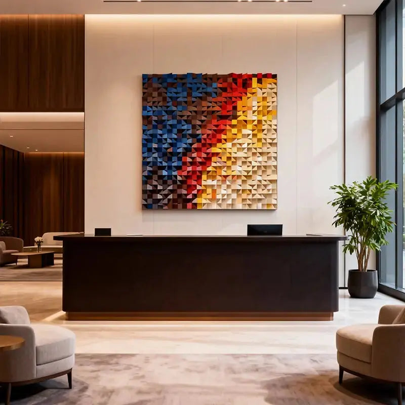 Handcrafted Geometric Wood Mosaic - Blue Red Yellow Gradient 3D Wall Sculpture Artmeto Wood wall art