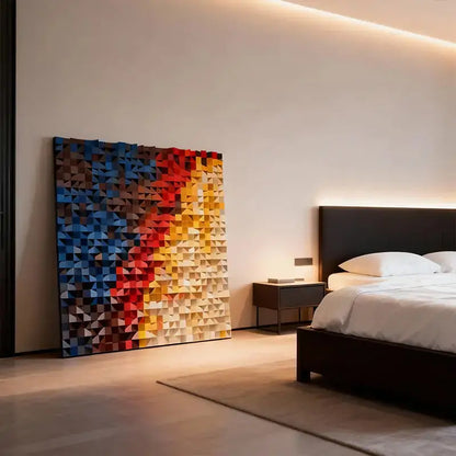 Handcrafted Geometric Wood Mosaic - Blue Red Yellow Gradient 3D Wall Sculpture Artmeto Wood wall art