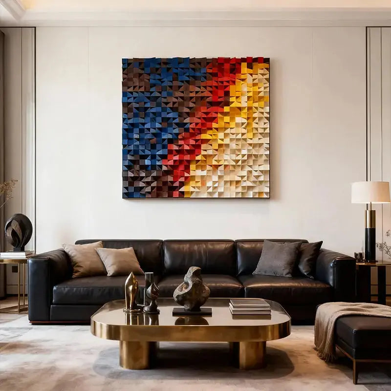 Handcrafted Geometric Wood Mosaic - Blue Red Yellow Gradient 3D Wall Sculpture Artmeto Wood wall art