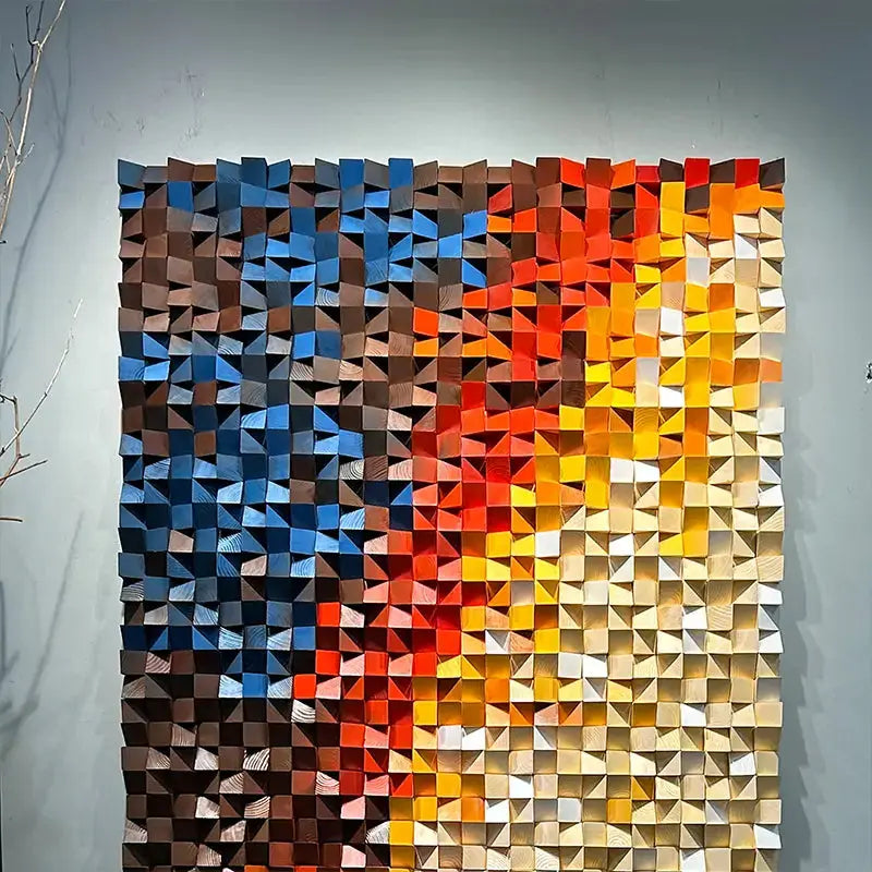 Handcrafted Geometric Wood Mosaic - Blue Red Yellow Gradient 3D Wall Sculpture Artmeto Wood wall art