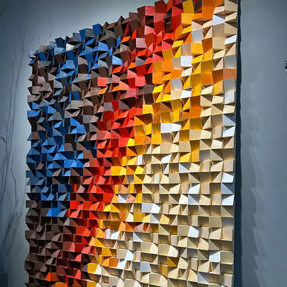 Handcrafted Geometric Wood Mosaic - Blue Red Yellow Gradient 3D Wall Sculpture Artmeto Wood wall art