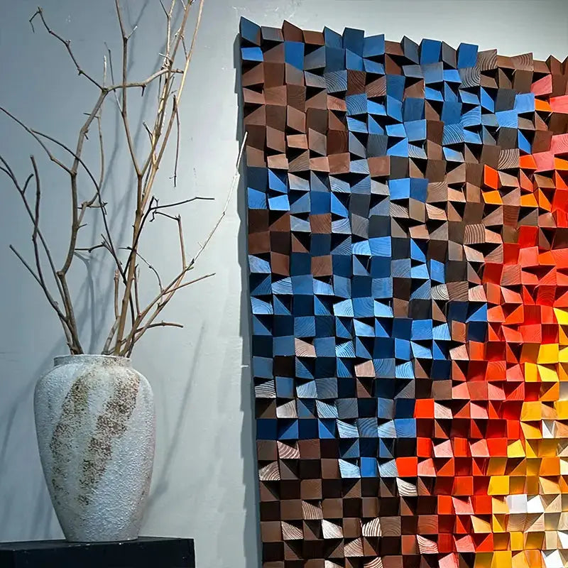 Handcrafted Geometric Wood Mosaic - Blue Red Yellow Gradient 3D Wall Sculpture Artmeto Wood wall art