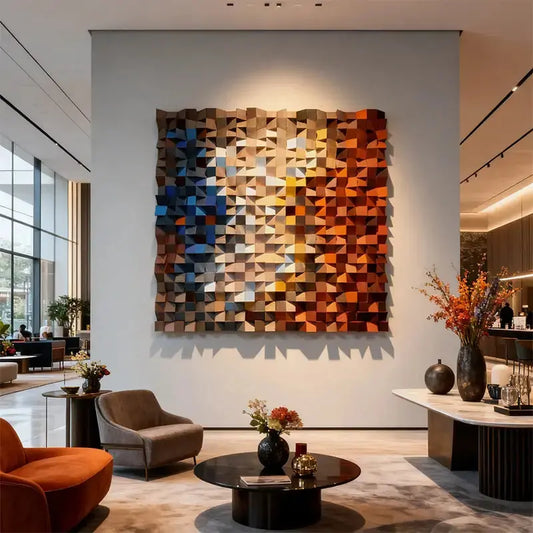 Handcrafted Geometric Wood Mosaic - Blue to Amber Geometric 3D Wall Art Artmeto Wood wall art